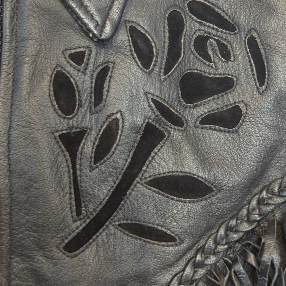 Vintage Leather Jacket  Black Fringe And Roses - Picture 4 of 6